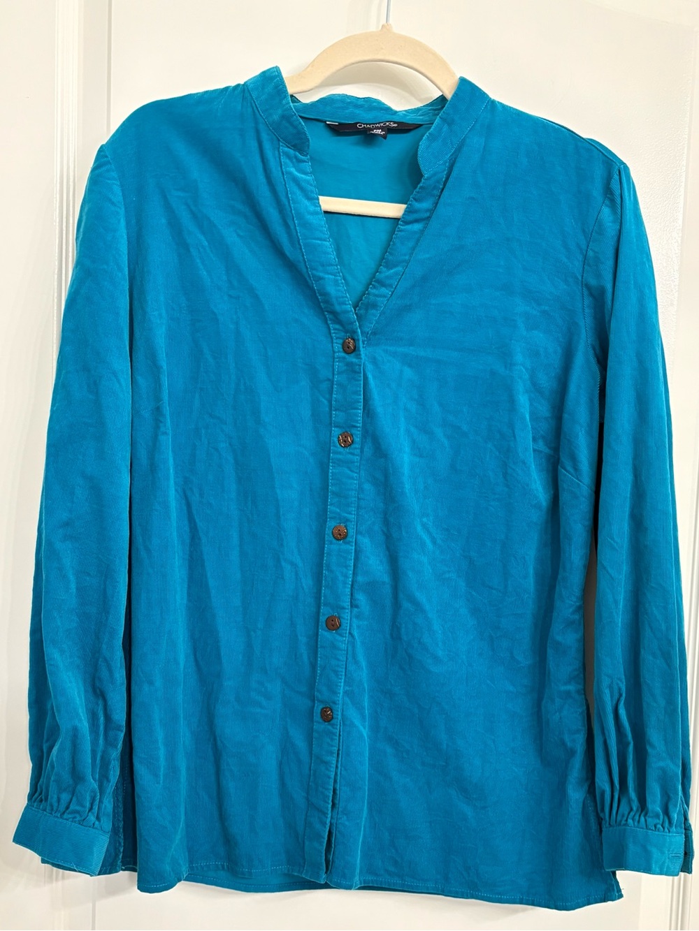 Chadwick's of Boston Turquoise Blue Mandarin Collar Button Up Blouse Petite EUC